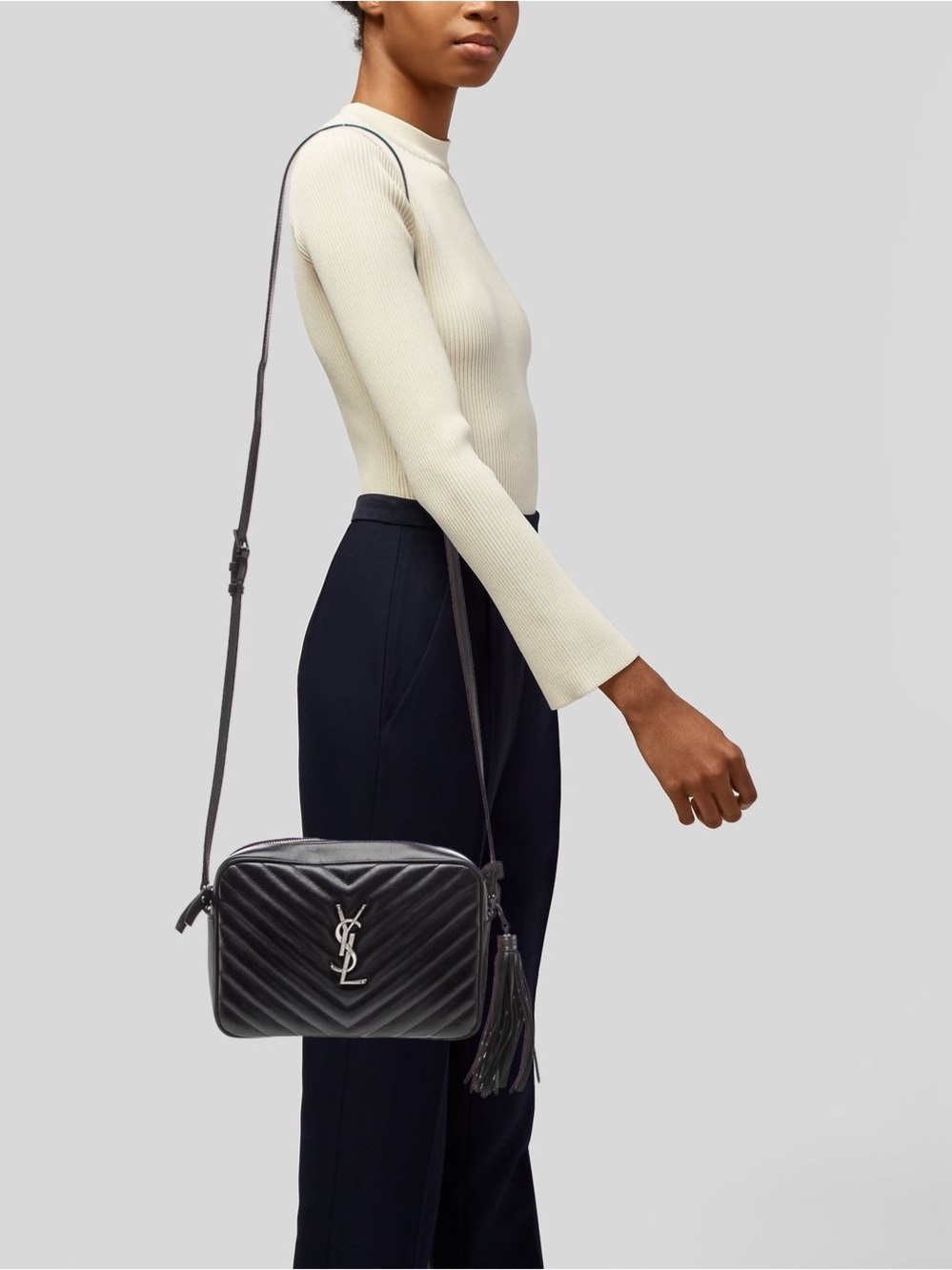 Saint Laurent Black Chevron Quilted Leather Crossbody Bag with Tassel silverlogo - Picture 3 of 16